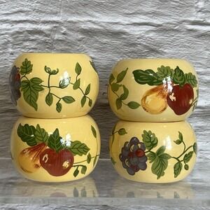 4 Vintage Colorful Fruit Vines Hand Painted Wooden Napkin Rings Made In India